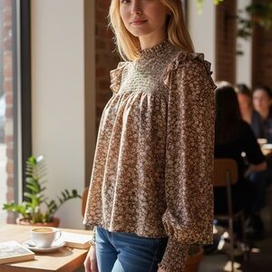 Blu Pepper Brown Floral Ruffle Blouse